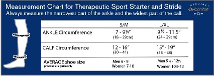 Size Chart for Therapeutic Sport Socks Starter OTC and Stride Calf